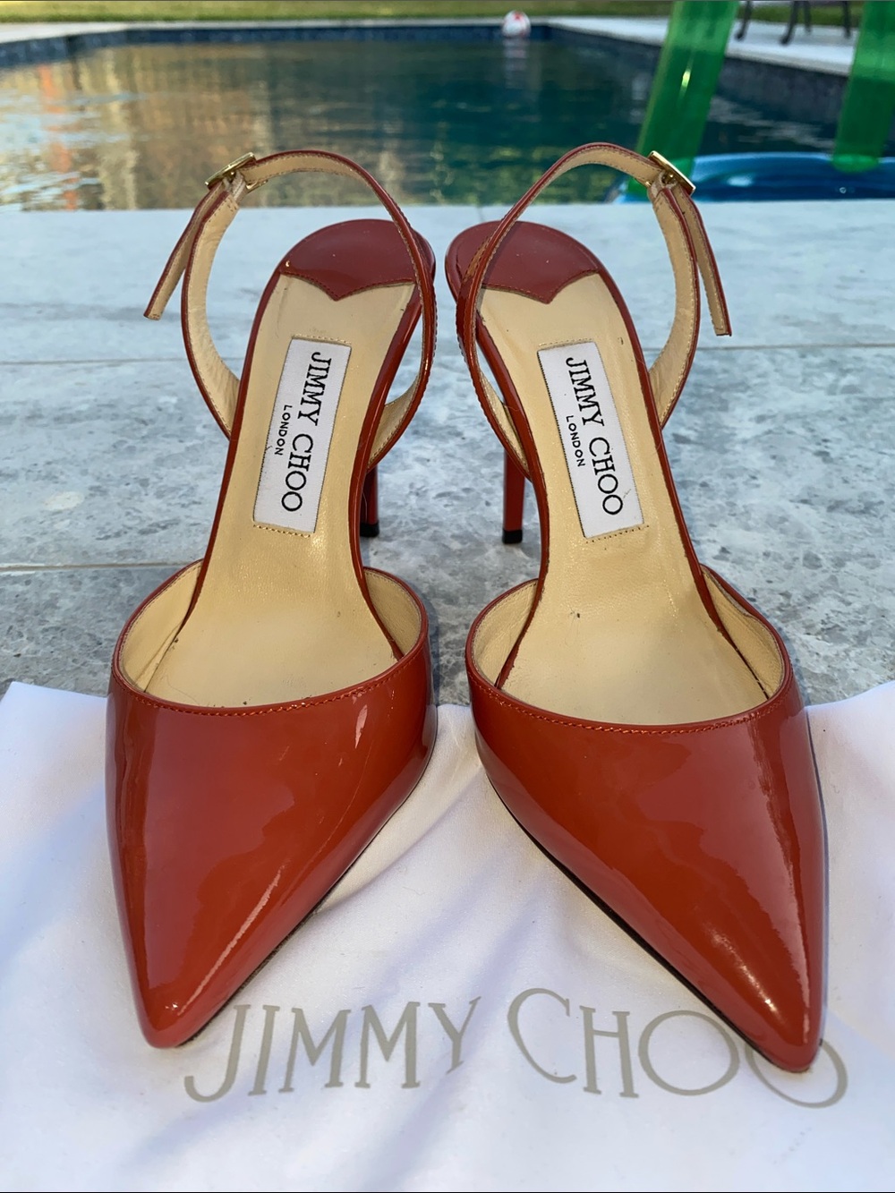 Jimmy Choo Patent Pointed-Toe Slingback Pumps in patent leather coral color